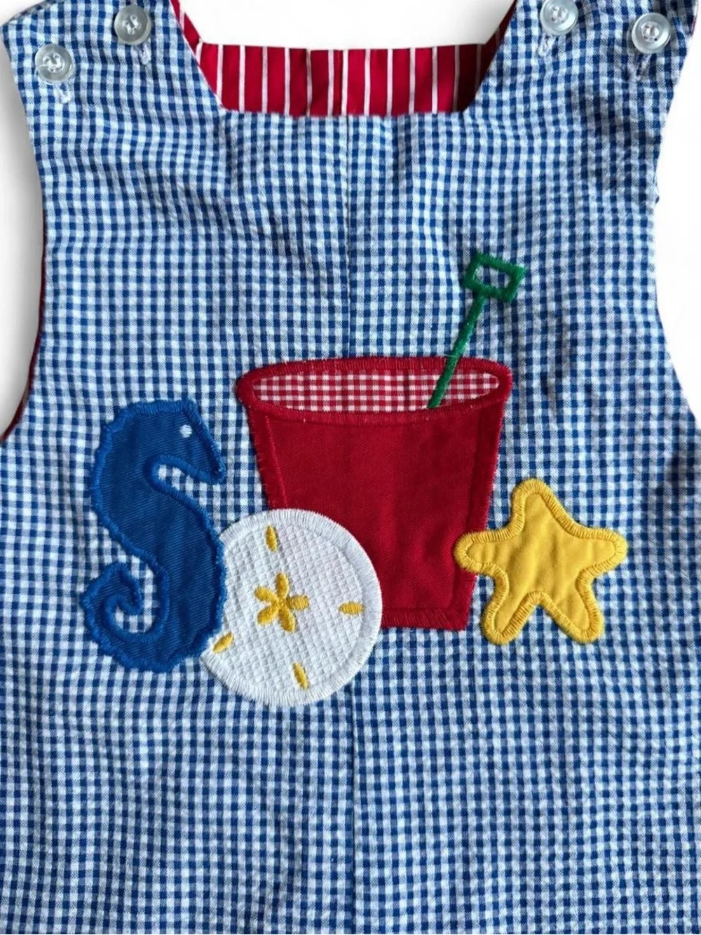 Vintage Reversible Blue Gingham Kids One-Piece Romper with Beach Applique